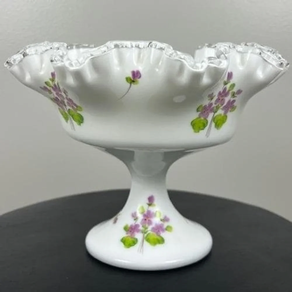 Fenton Milk Glass Violets in the Snow Ruffled Silver Crest Pedestal Compote Bowl